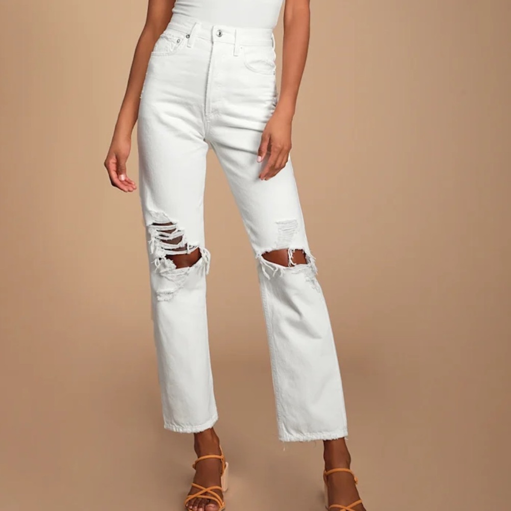 AGOLDE White Distressed High-Rise Straight Jeans